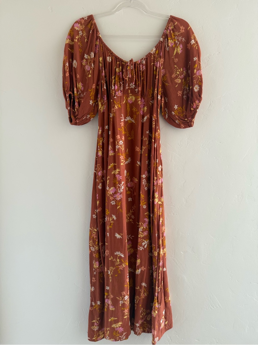 Billabong Rust Floral Maxi Dress Puff Sleeve Empire Waist Boho Size S